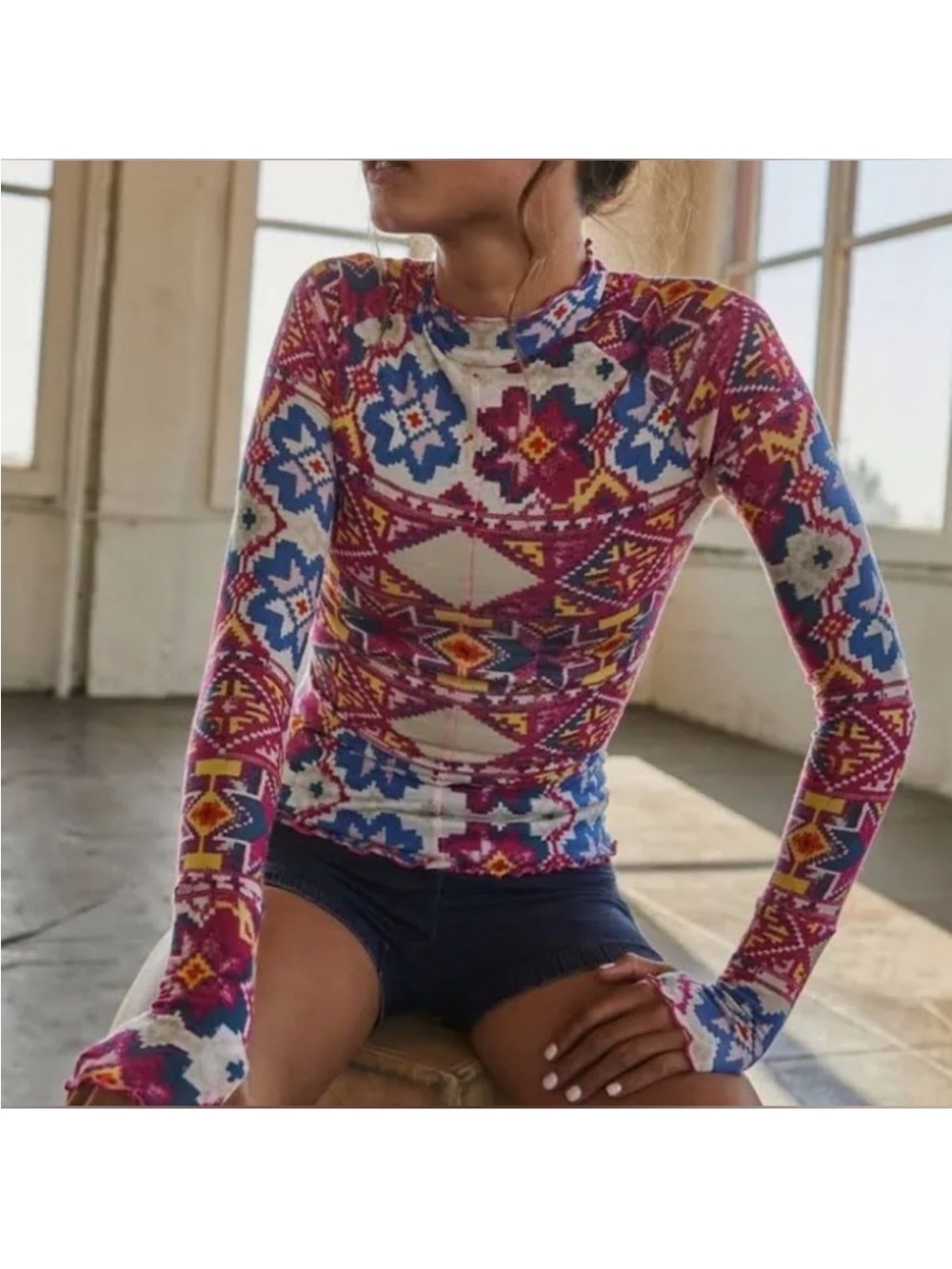 Free People Movement High Jump Printed Long Sleeve Layer Top XS NWT